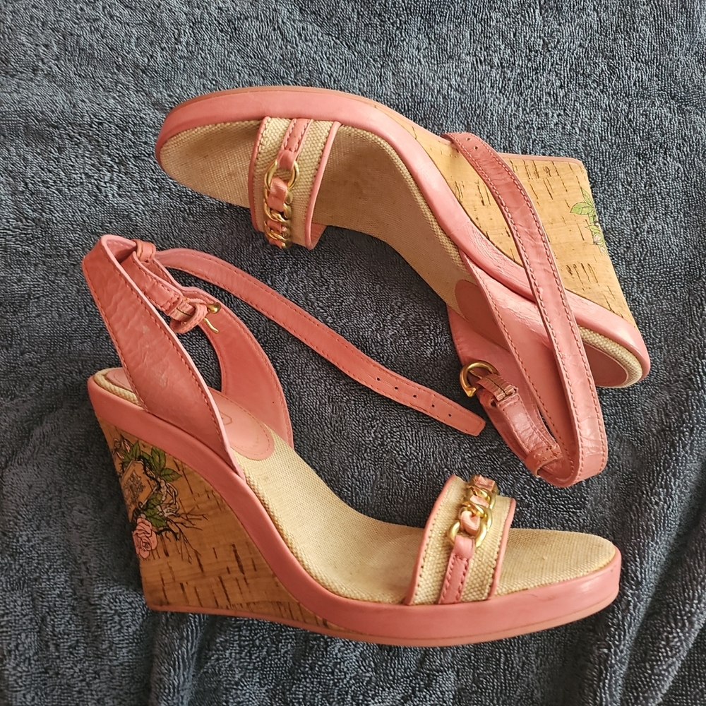 Coach Ellette Tattoo Cork Wedge Pink Rose Gold & Cream Size 7.5